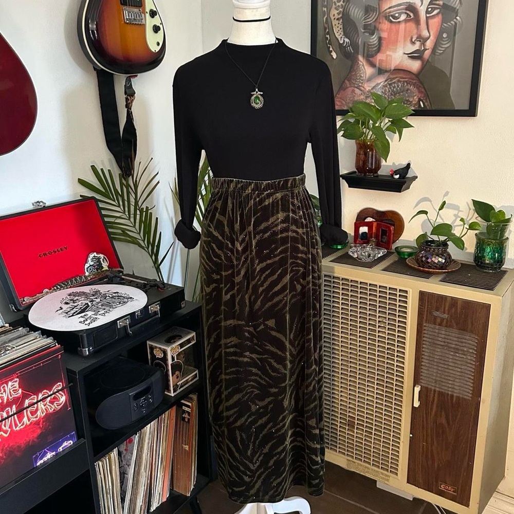 1990s Vintage Dark Green Zebra Maxi Skirt